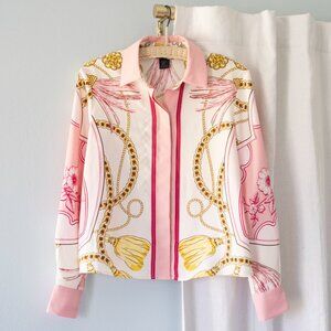 Hermes Style Silky Button Up Pink & White